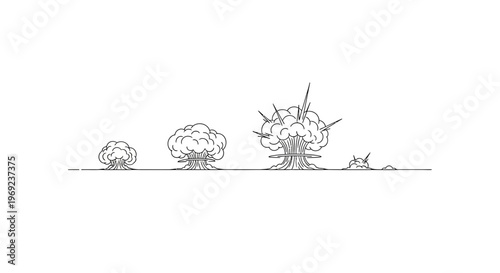 Stylized progressive explosion sequence depicting powerful destructive forces with minimal line