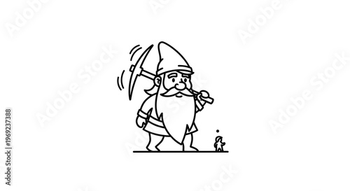 Diligent bearded gnome character with pickaxe and pipe, ready for an underground adventure mining