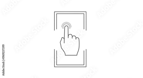 Minimalist line art icon of a hand index finger pressing a digital screen or button, illustrating