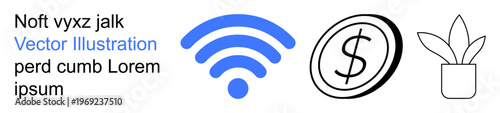 Digital communication, network use, finance, economic growth, technology, modern minimalism. wireless signal, dollar coin potted plant icon in clean design. Digital communication and finance