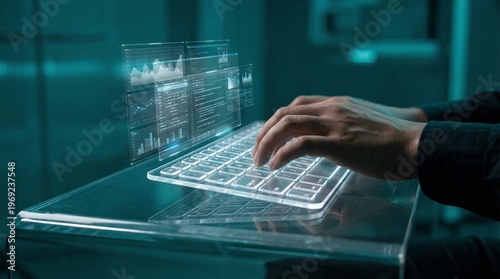 Foto A person with hands typing on a glowing transparent keyboard interacting with mu