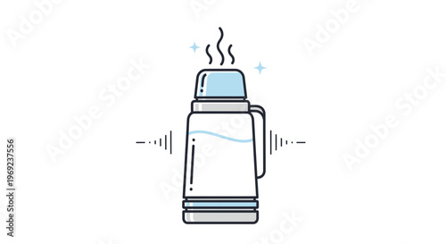 Minimalist vector illustration of a hot beverage thermos flask emitting steam and warmth