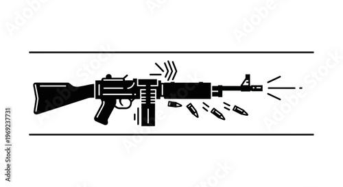 Dynamic black and white vector icon depicting an automatic weapon in action, showcasing projectile