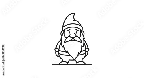 Whimsical garden guardian character with a long beard and pointy hat in simple line art vector