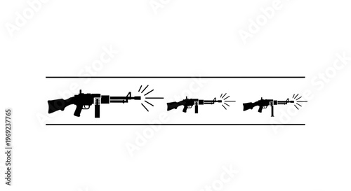 Dynamic vector illustration depicting a sequence of firing assault rifles, symbolizing conflict