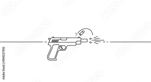 Dynamic single line art of a pistol firing, complete with an ejected cartridge and muzzle burst