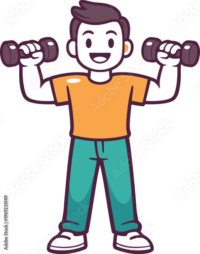 Cartoon man lifting dumbbells smiling and exercising with weights