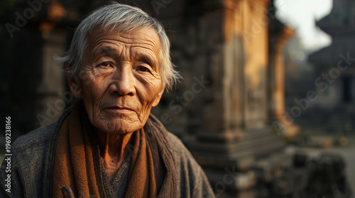 Close up portrait of wrinkled senior Asian man with white hair looking at camera at historic temple in golden sunlight