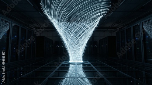 Принти на полотні Vibrant blue light trails spiral through a dark futuristic data center server ro