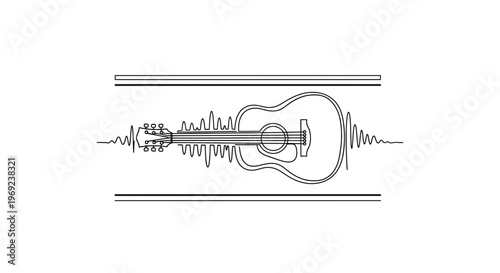 Abstract continuous line art combining acoustic guitar and dynamic sound wave elements on a