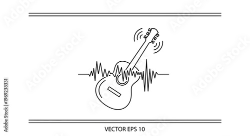 Minimalist line art of an acoustic guitar fused with a powerful sound wave representing auditory