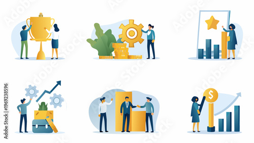 Illustrations depicting business success growth and collaboration among professionals
