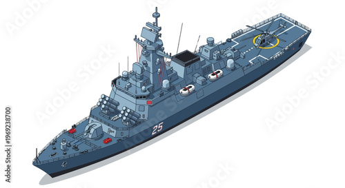 Modern Naval Warship Isometric Illustration with Helicopter, Missile Launchers, and Radar System Isolated on White Background