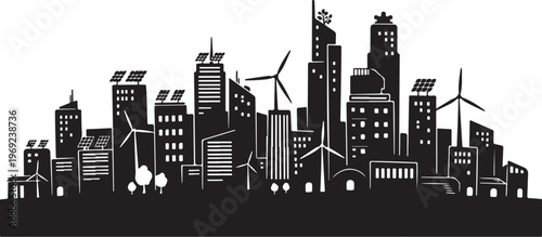 Sustainable cityscape with wind turbines and eco-friendly buildings illustration