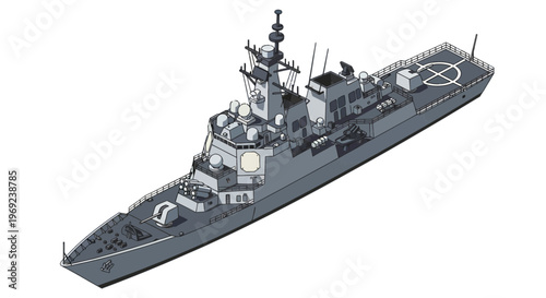 Modern Destroyer Warship Isometric Illustration with Radar and Weapon Systems Vector.