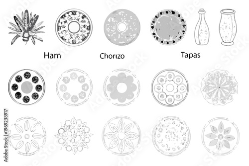 Sketches of spanish tapas chorizo ham and various plate designs
