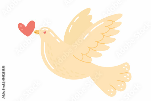 A gentle cream colored dove flies with a bright red heart