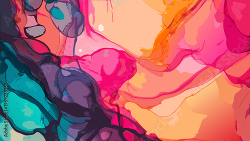 Abstract watercolor painting featuring vibrant pink teal and orange hues