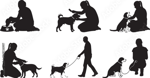 Silhouettes of people interacting with dogs in various scenes