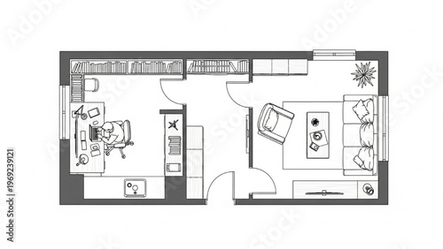 Modern Apartment Floor Plan with Living Area, Kitchenette, and Workspace