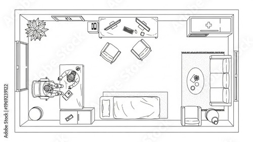 Modern Office and Living Space Layout with Desk, Bed, and Seating
