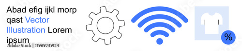 Technology, wireless communication, online shopping, e-commerce, innovation, networking. Gear and wireless signal icon alongside a shirt with a percentage tag. Technology and wireless communication