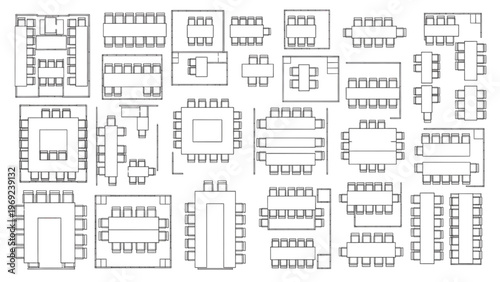 Top-down view of various table and chair arrangements for events and dining