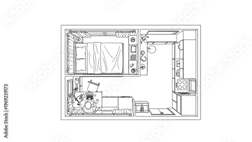 Conceptual interior design blueprint for an efficient, minimalist studio apartment layout