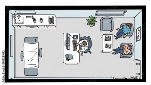 Illustrative overhead view of a doctor's office, depicting medical consultation and patient care flow