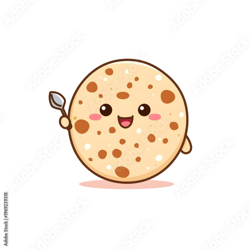Cute Kawaii Pancake Cookie Flatbread with Spoon Character Cartoon Vector
