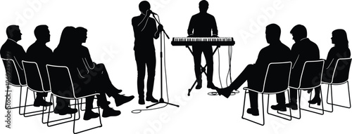 Live music performance silhouette with singer and keyboard player on stage, audience watching concert event, entertainment show concept vector illustration isolated on white background