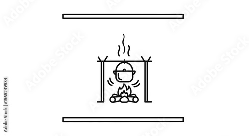 Capturing the essence of wilderness culinary preparation with a steaming pot over an open flame