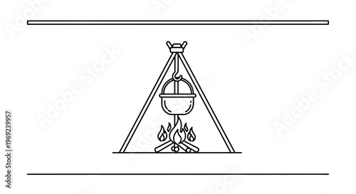 Simple linear icon depicting traditional outdoor cooking with a hanging kettle above a campfire