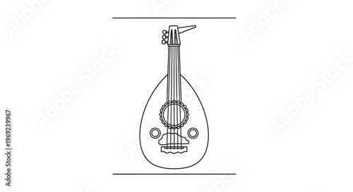 Elegant minimalist line art of an oud, an ancient stringed instrument for melodious sounds