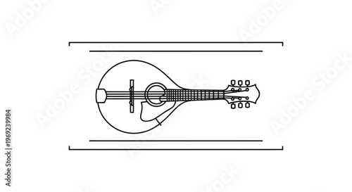 Stylized monochrome vector graphic depicting a traditional stringed mandolin musical instrument