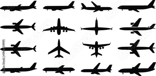 Airplane silhouettes collection, passenger aircraft set in different angles, aviation transport icons isolated on white background, travel and flight concept