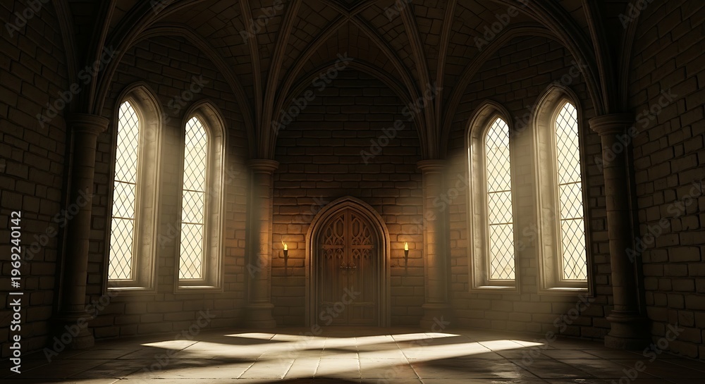 Obraz premium Empty square room with Dark castle tower round room interior with glowing windows
