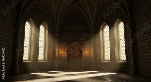 Empty square room with Dark castle tower round room interior with glowing windows