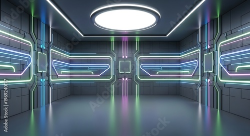 Empty square room with Abstract futuristic interior with glowing panels.