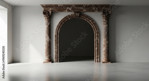 Empty square room with Beautiful arch with two columns on the background wall of brown color