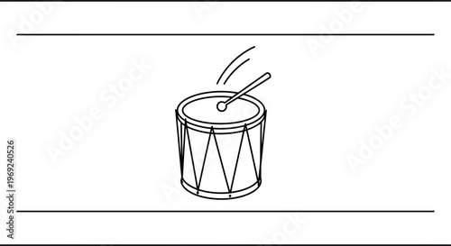 Minimalist line art illustration of a drum with a striking drumstick symbolizing rhythm