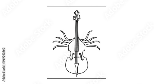 Dynamic single line art of an orchestral string instrument with abstract flowing elements