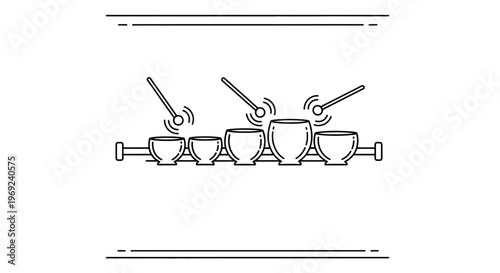Harmonious percussive ensemble line art illustration featuring diverse sized instruments being
