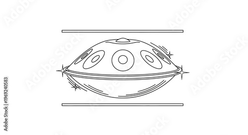Minimalist monochrome line art rendering of a handpan musical instrument in a serene setting