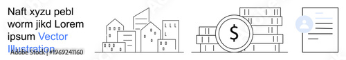 Finance, banking, city planning, investment, economy, contracts. Minimalist line art of buildings, stacked coins and a document. Finance and banking concept connecting growth with urban development