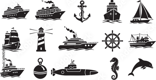 Nautical icons and symbols for maritime and ocean themes