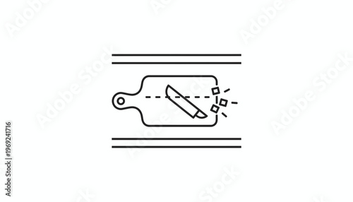 Simplified culinary process illustration showing a knife dicing ingredients on a cutting board,