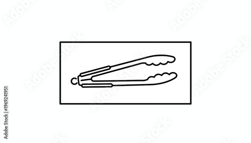 Clean line art drawing of culinary grabbing tongs for food preparation and serving