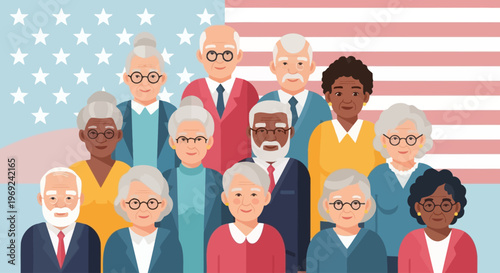 Diverse senior citizens stand proudly before an American flag, an illustration celebrating their vital contributions and the spirit of Older Americans Month