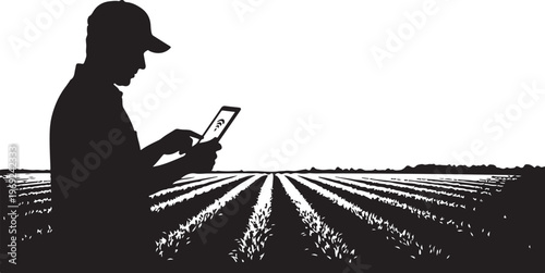 Farmer using tablet in field at sunset silhouette illustration